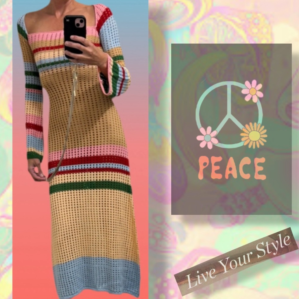 TRENDY THREADS crochet striped knit sheer maxi dress. Bell sleeve. Hippie boho S